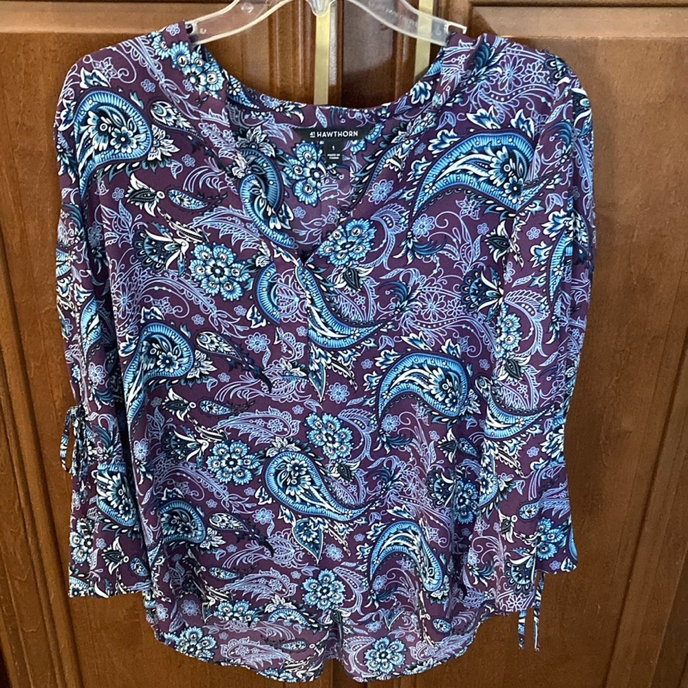41 Hawthorn Blue and Purple 3/4 Sleeve Relaxed Blouse